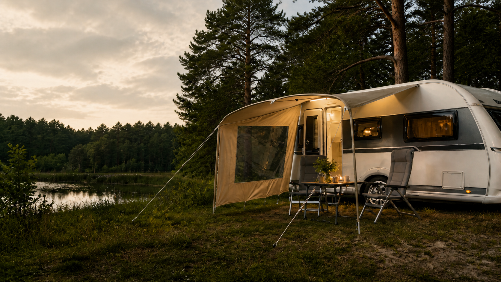 A caravan with a KAMPLAND Touring canopy in a green woodland setting