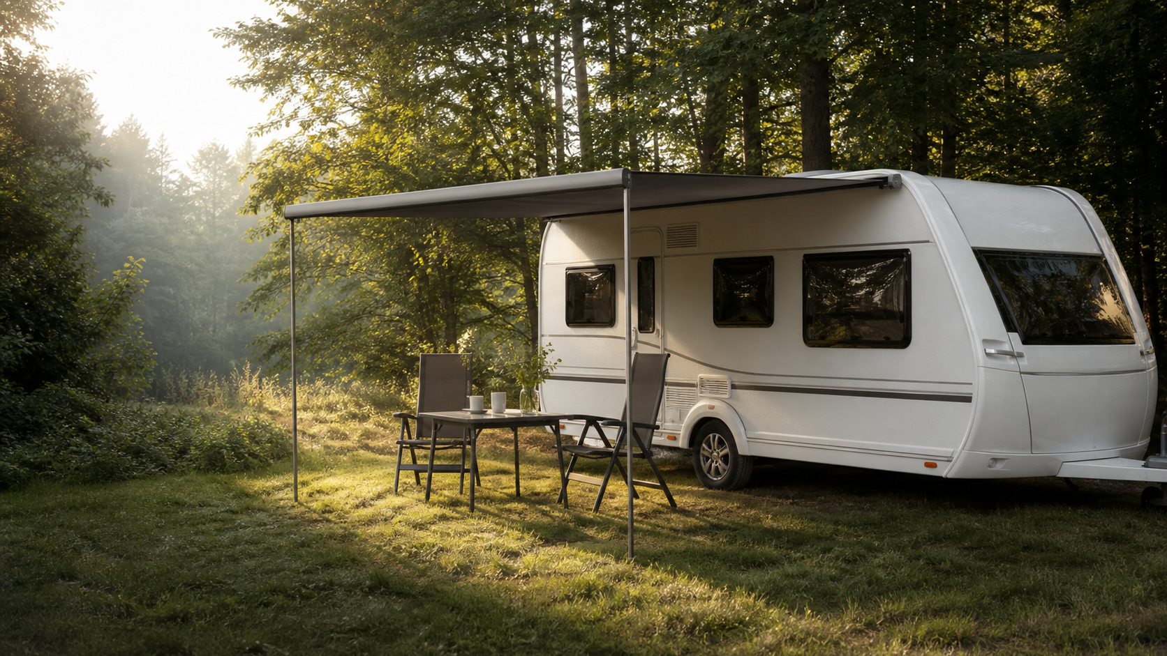 An open caravan canopy in a natural setting